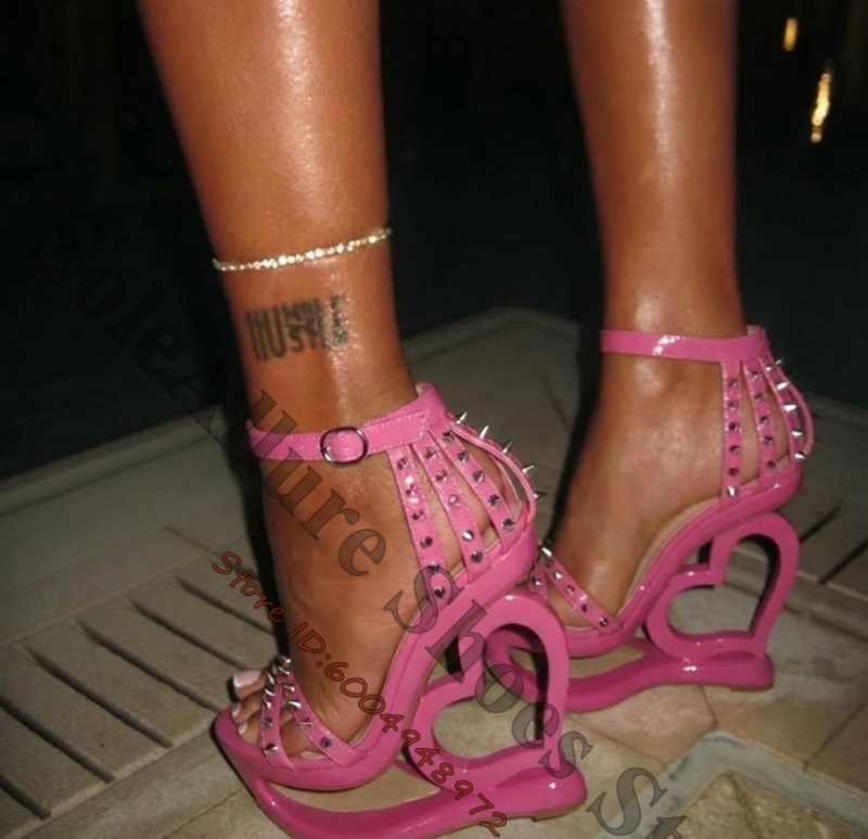 Leather Work Heels - Hot Pink Spike Stud Caged Heart