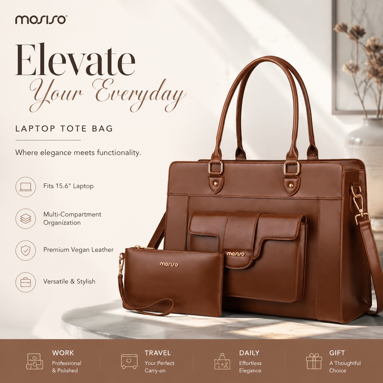 Leather Work Bag Laptop - MOSISO Laptop Tote Bag for Women